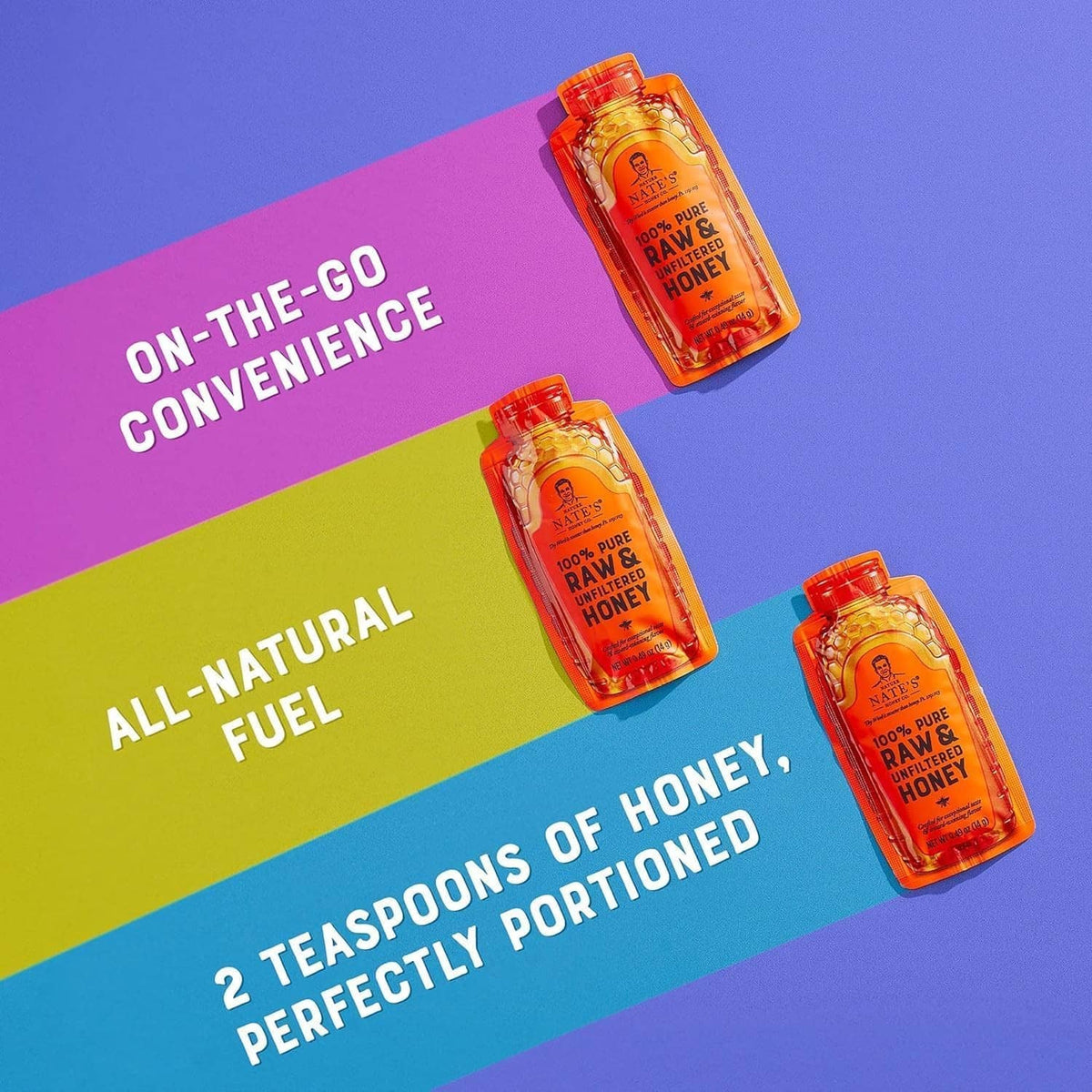 Nate's Honey Minis single-serve raw & unfiltered honey bottles, three-pack assortment