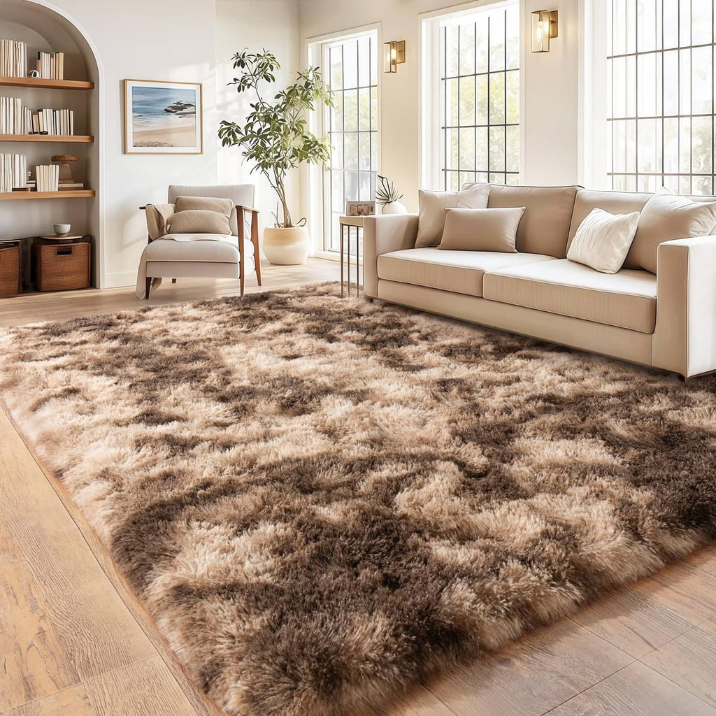 Rectangular fuzzy shag area rug, mottled brown and tan tie-dye pattern, plush pile