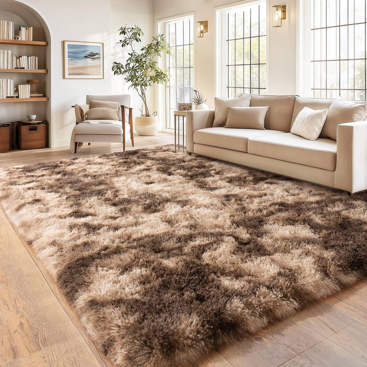 Rectangular fuzzy shag area rug, mottled brown and tan tie-dye pattern, plush pile