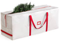 White Christmas tree storage bag with red handles, for large 9 ft trees.