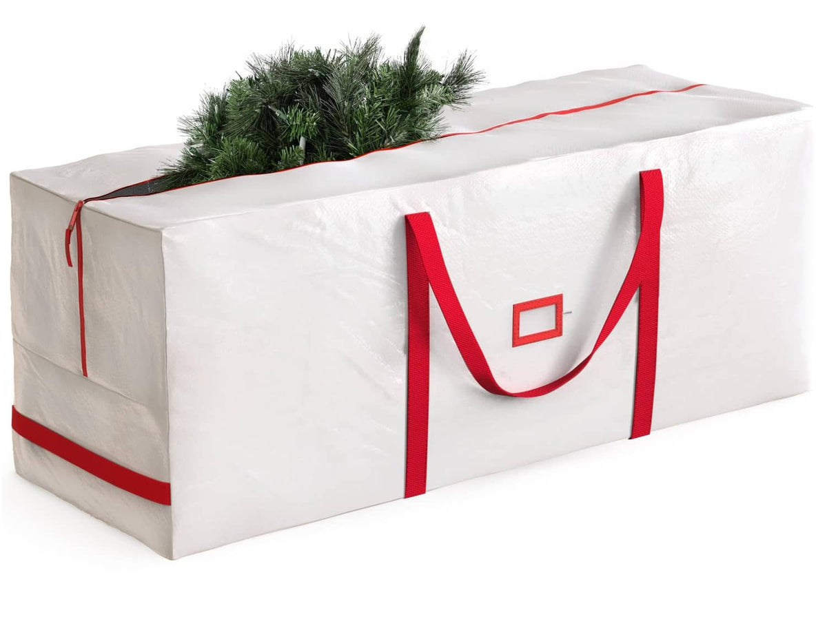 White Christmas tree storage bag with red handles, for large 9 ft trees.