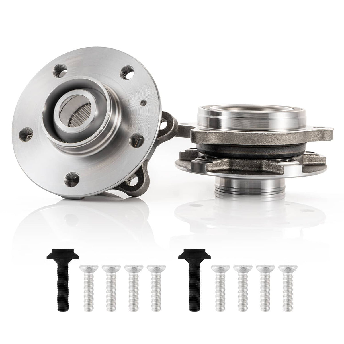 Front wheel hub bearing assemblies set with bolts and black mounting caps