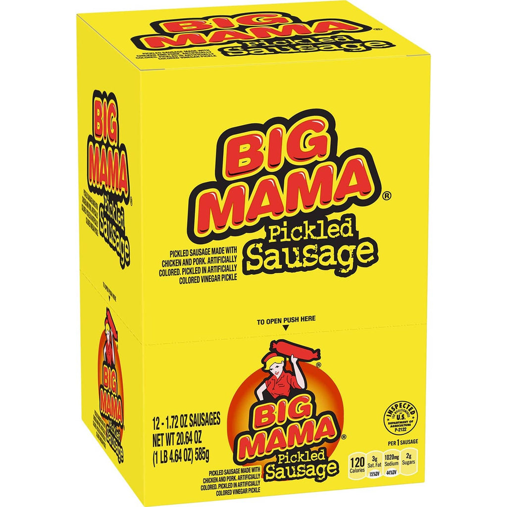 Pickled sausage box with Big Mama branding and front product label