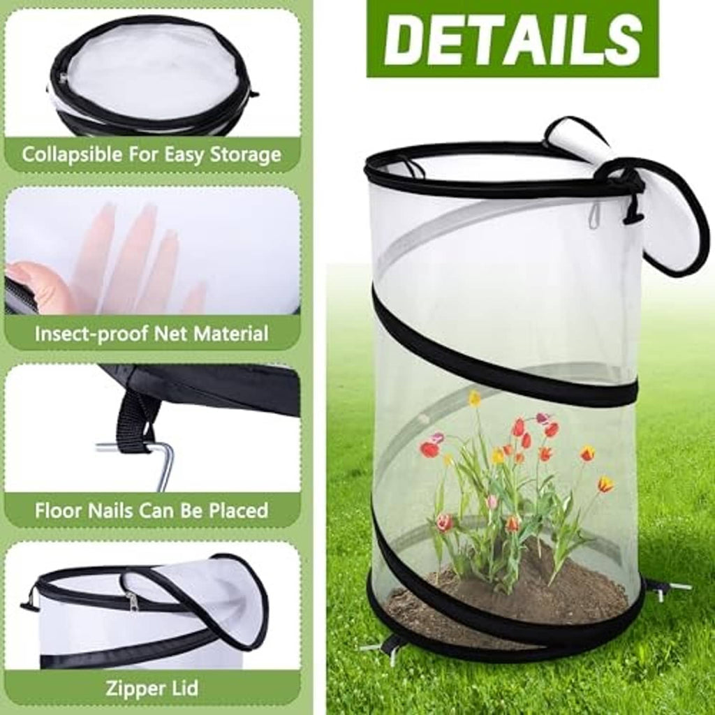 Collapsible round insect net cover with zipper lid and carry bag, shown with stakes