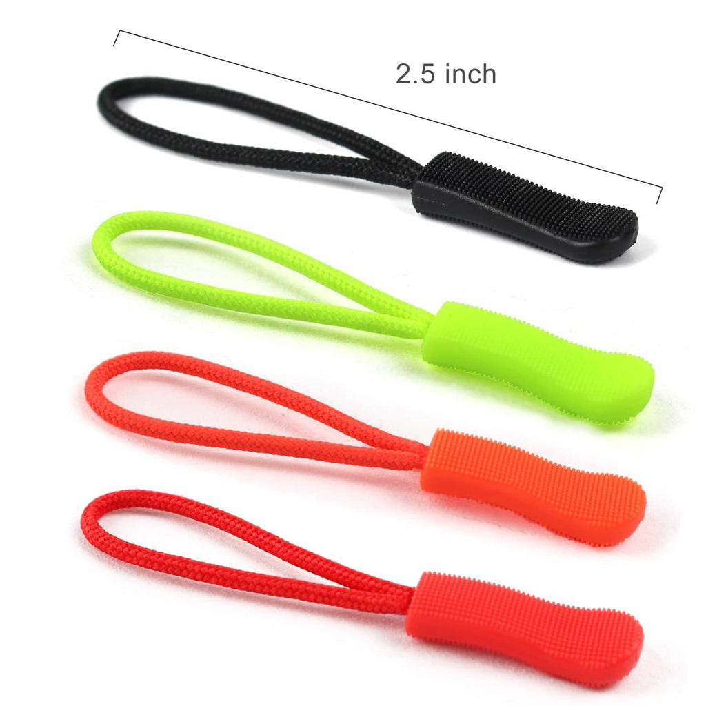 Zipper pull helpers in black, neon green, and orange with ridged end grips