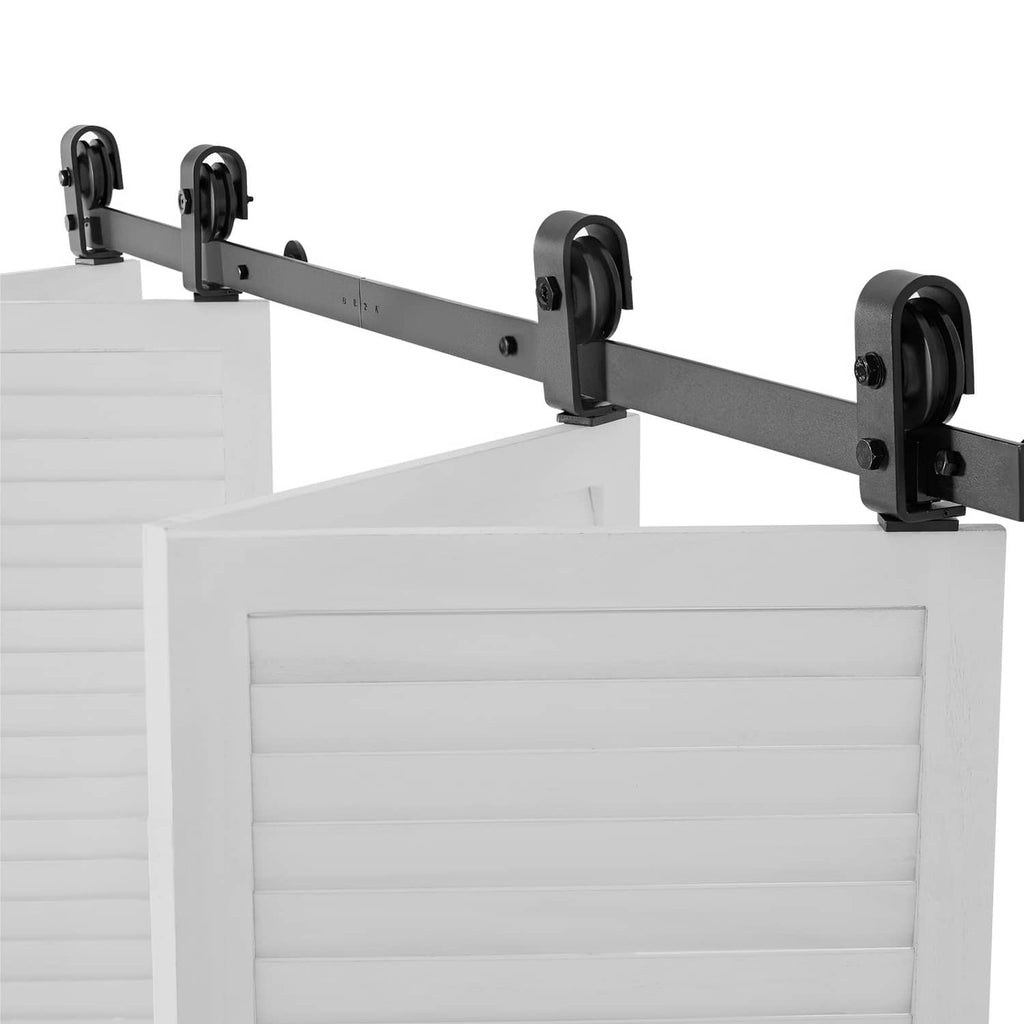 Bi-fold sliding barn door hardware track kit with dark gray rail and four black rollers