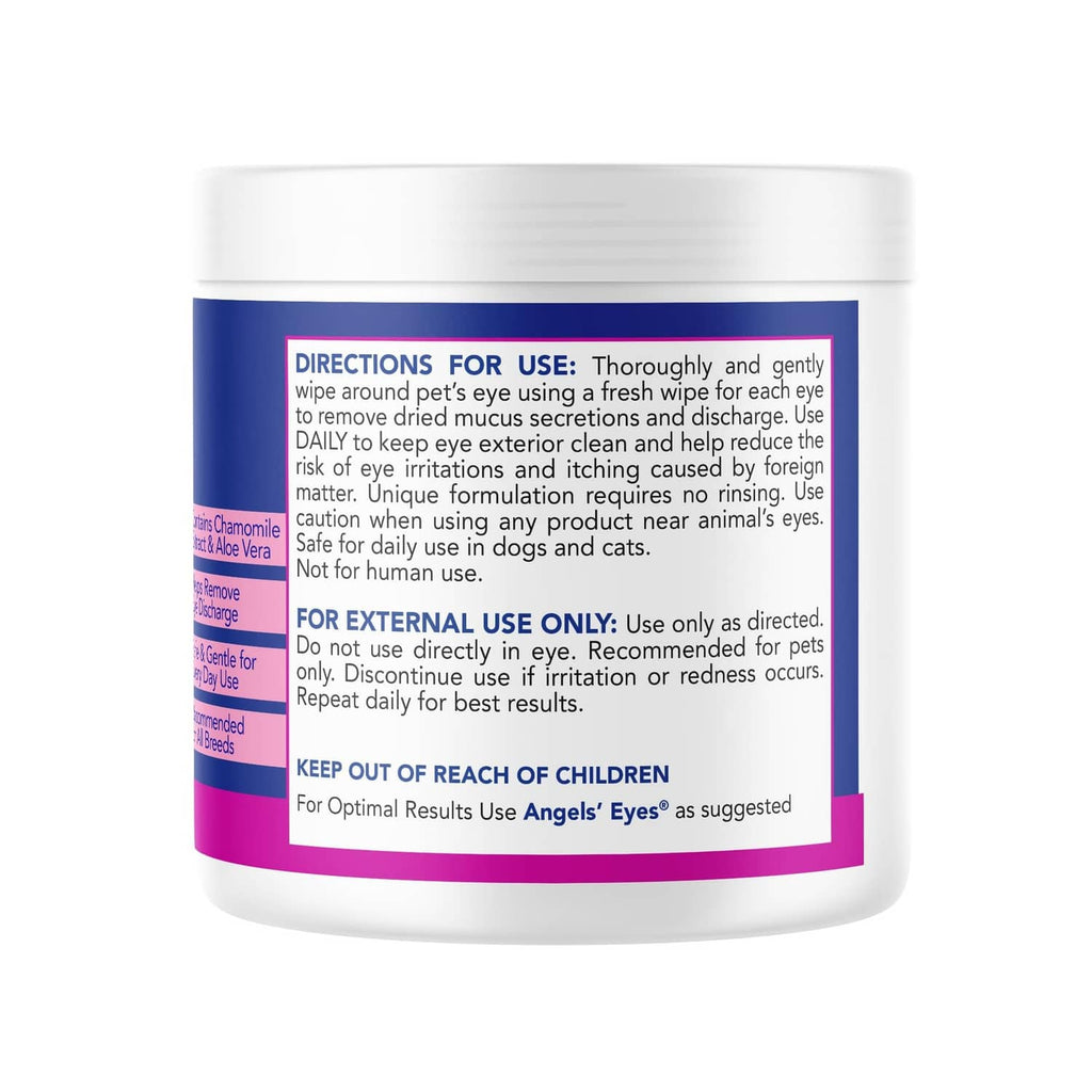 Eye stain wipes tub back label with directions and safety information