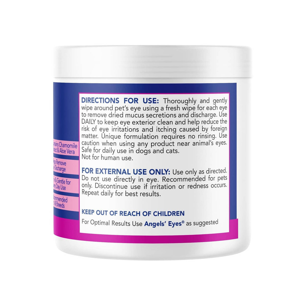 Eye stain wipes tub back label with directions and safety information