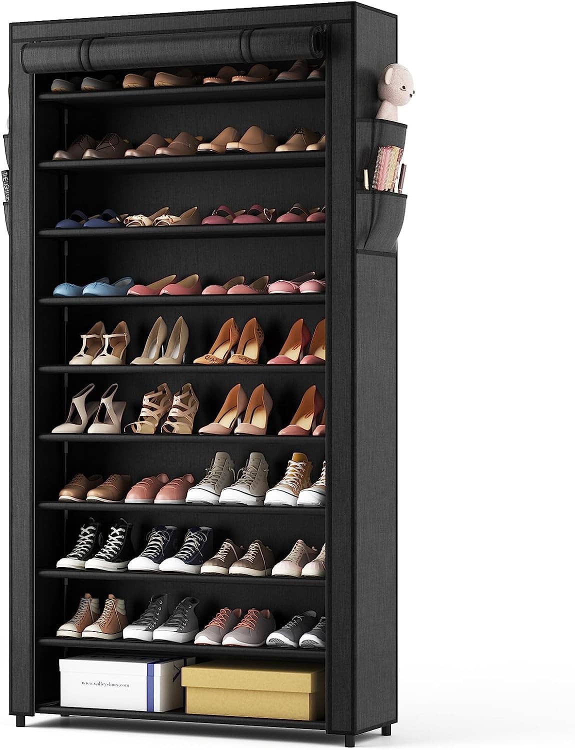 10-tier tall shoe rack with black fabric covers and open bottom drawers for storage