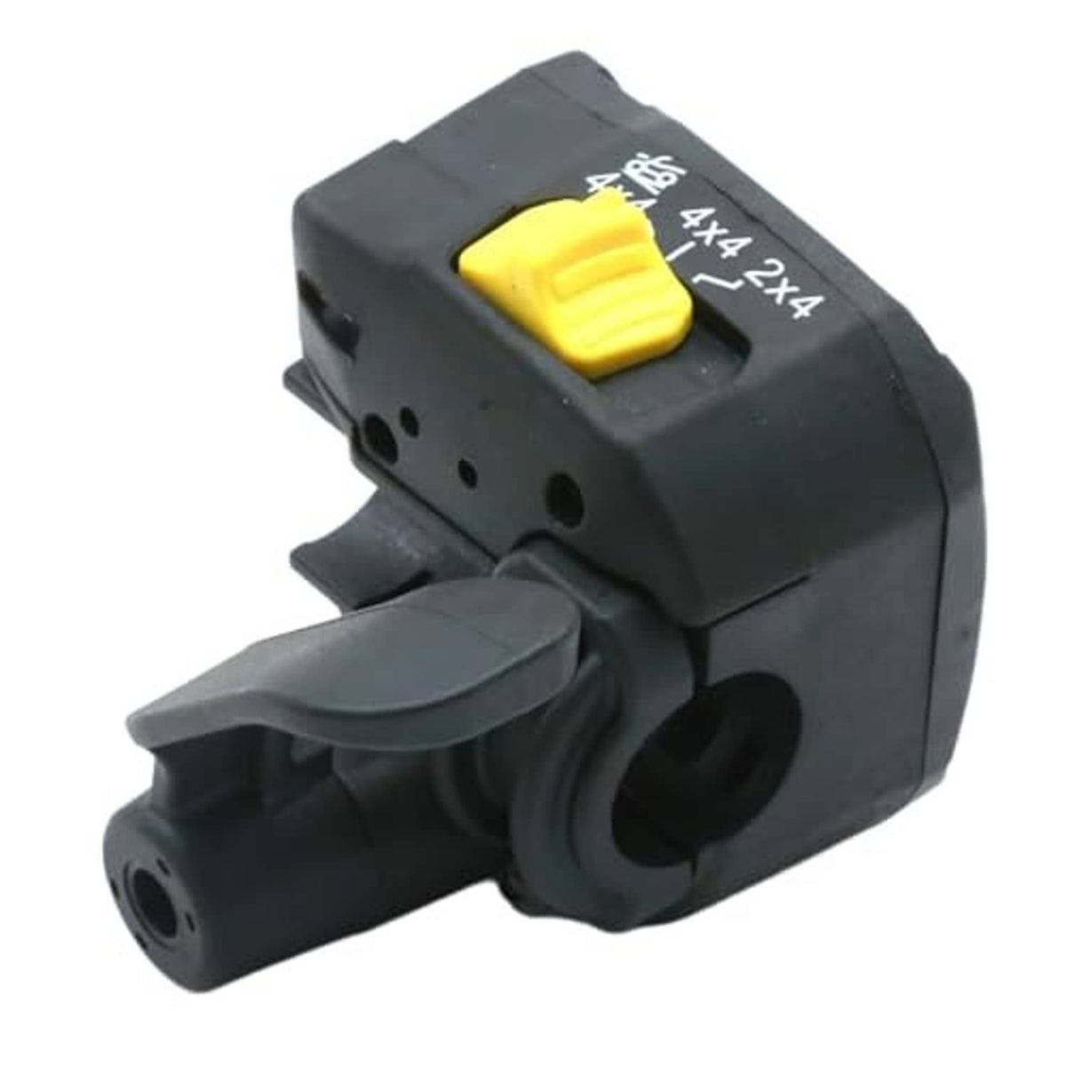 Black thumb throttle control lever assembly with yellow switch and 4x4 marking
