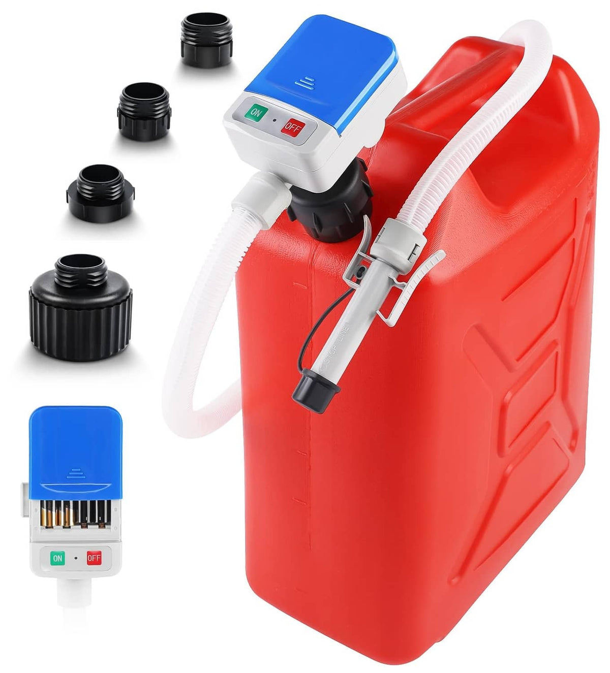 Blue portable fuel transfer pump with white hose and black nozzle, plus spare caps