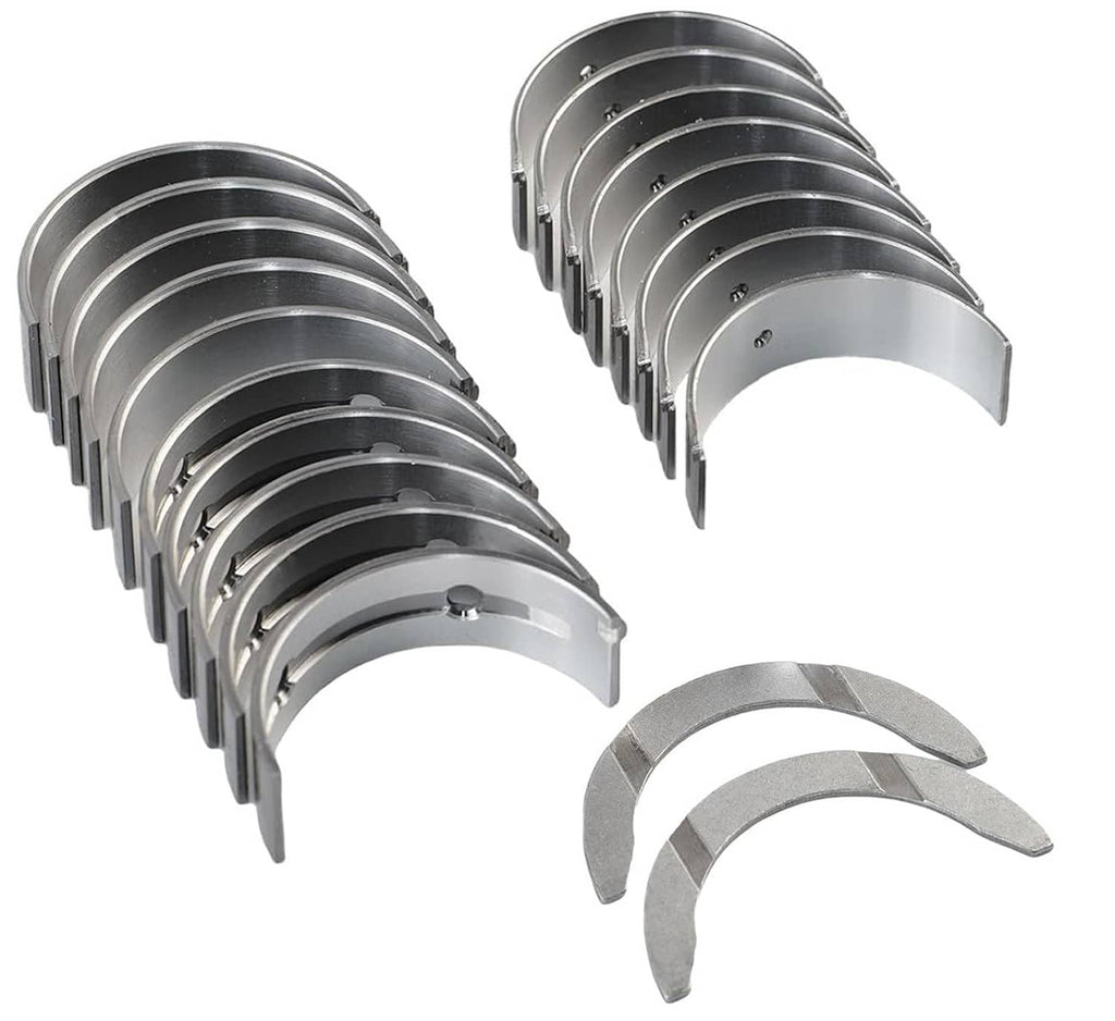 Main and rod bearing kit with stacked silver half-moon bearing shells and two inserts
