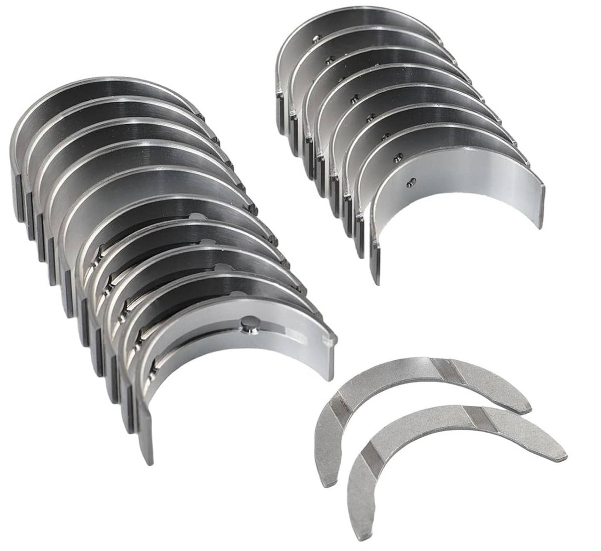Main and rod bearing kit with stacked silver half-moon bearing shells and two inserts