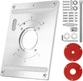 Aluminum router table insert plate with round opening, markings, and screw hardware