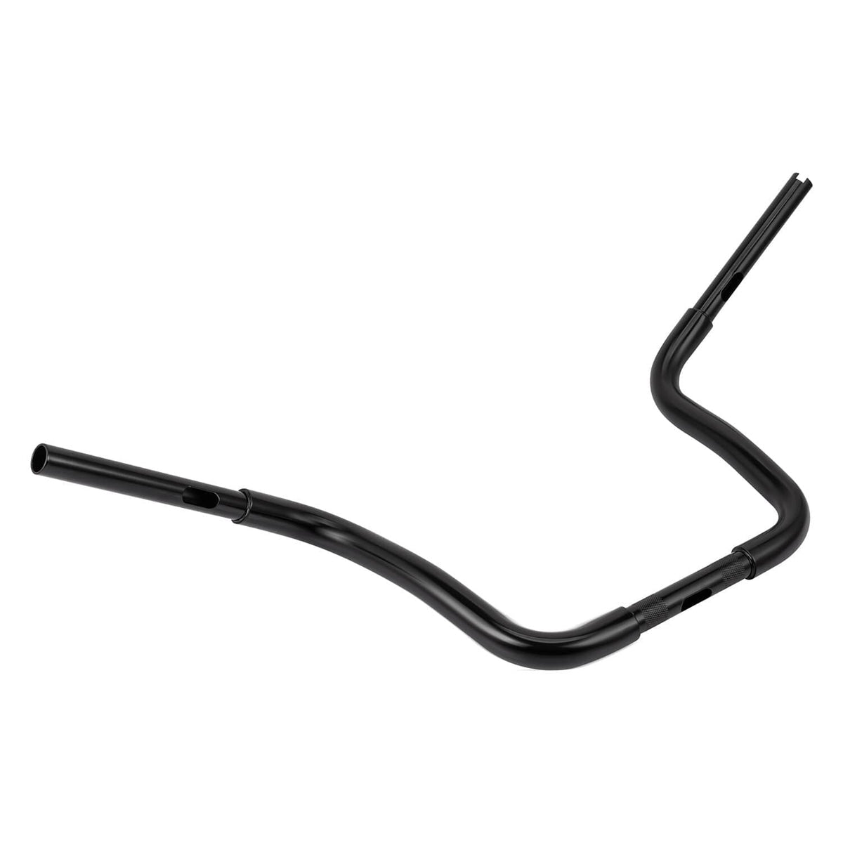 Black ape-hanger handlebars, side view showing curved bend and extended rise