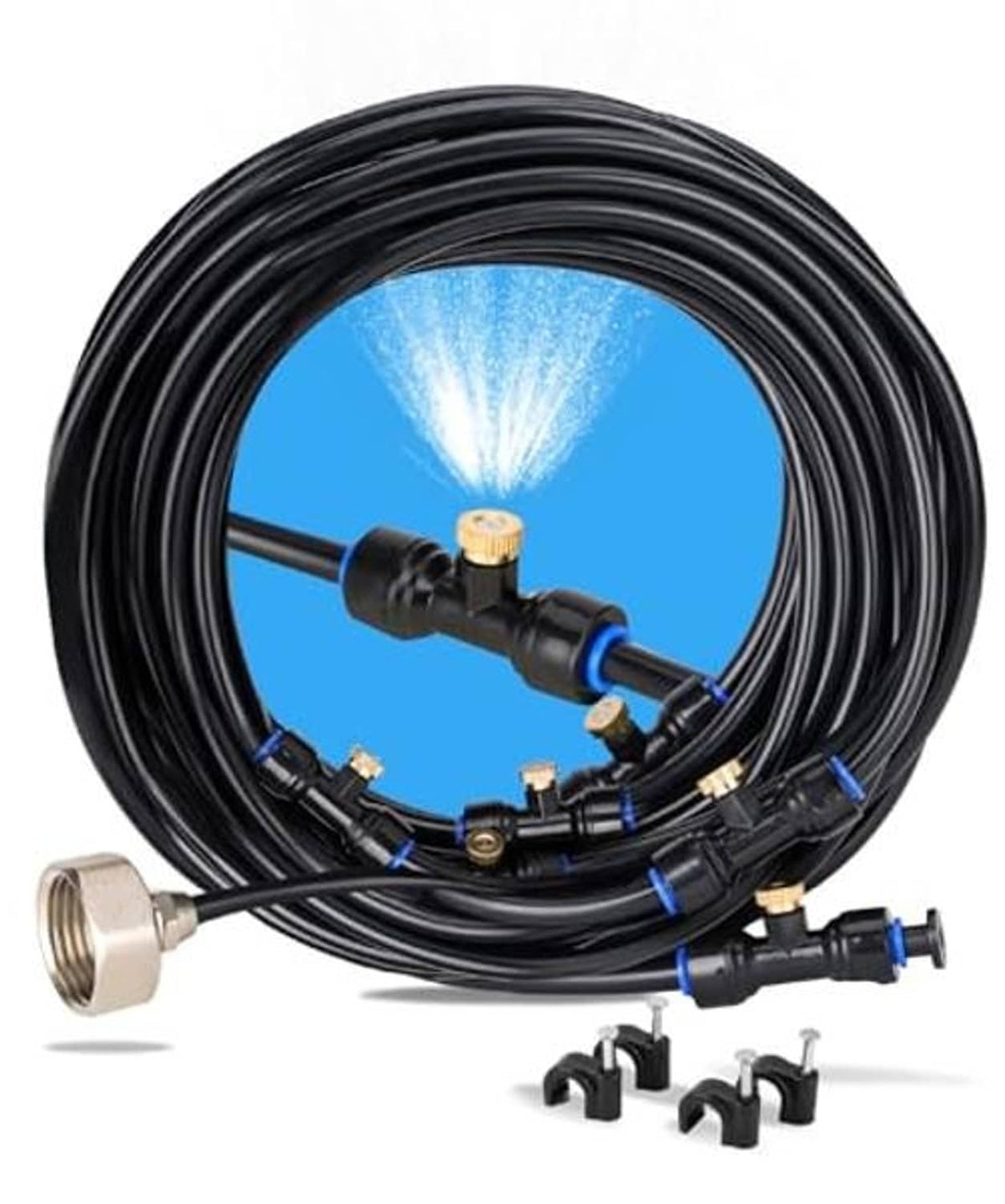 26 ft misting hose kit with brass nozzles, 3/4 in adapter, and outlet connectors