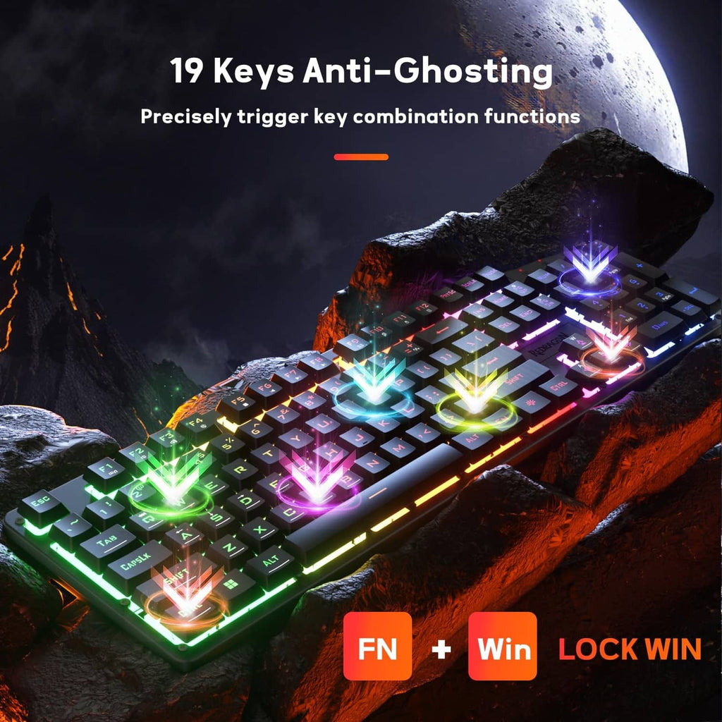 Black gaming keyboard with bright rainbow LED backlit keys and glowing edge lights