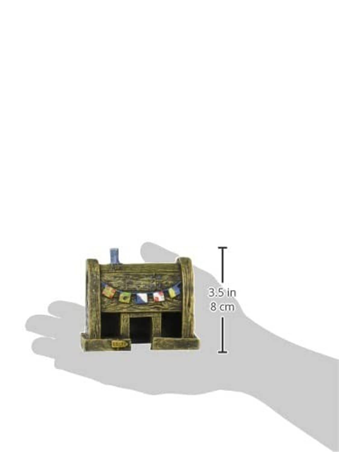Wooden-look aquarium ornament with front entrance and arched side window