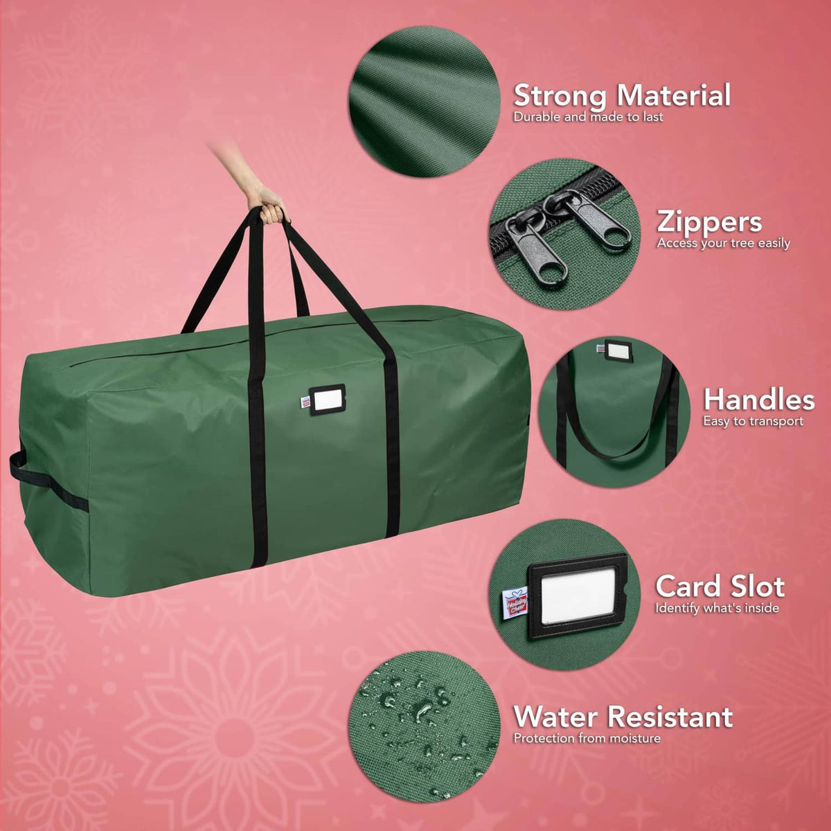 Green waterproof tree storage bag with black zippers, handles, and card slot