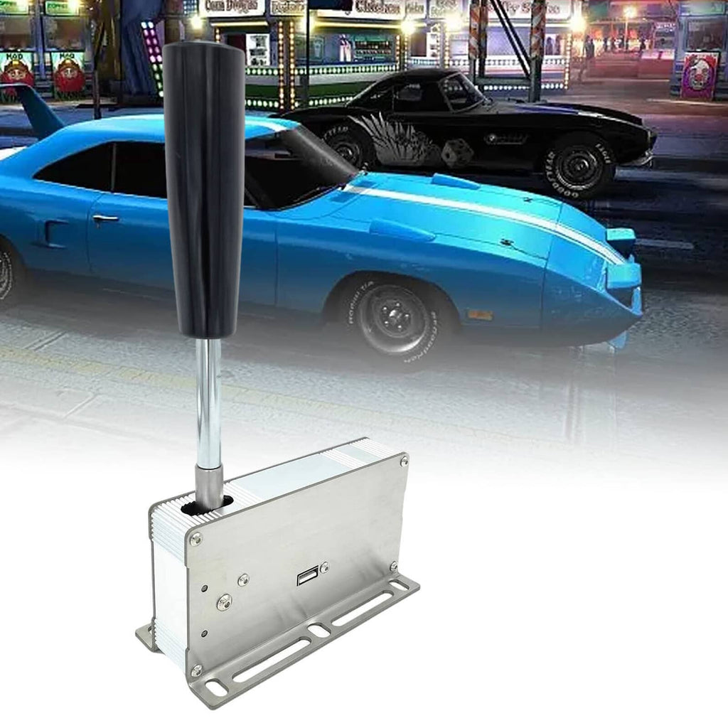 USB sequential shifter mounted on a pedal-style rig; black grip lever and metal base