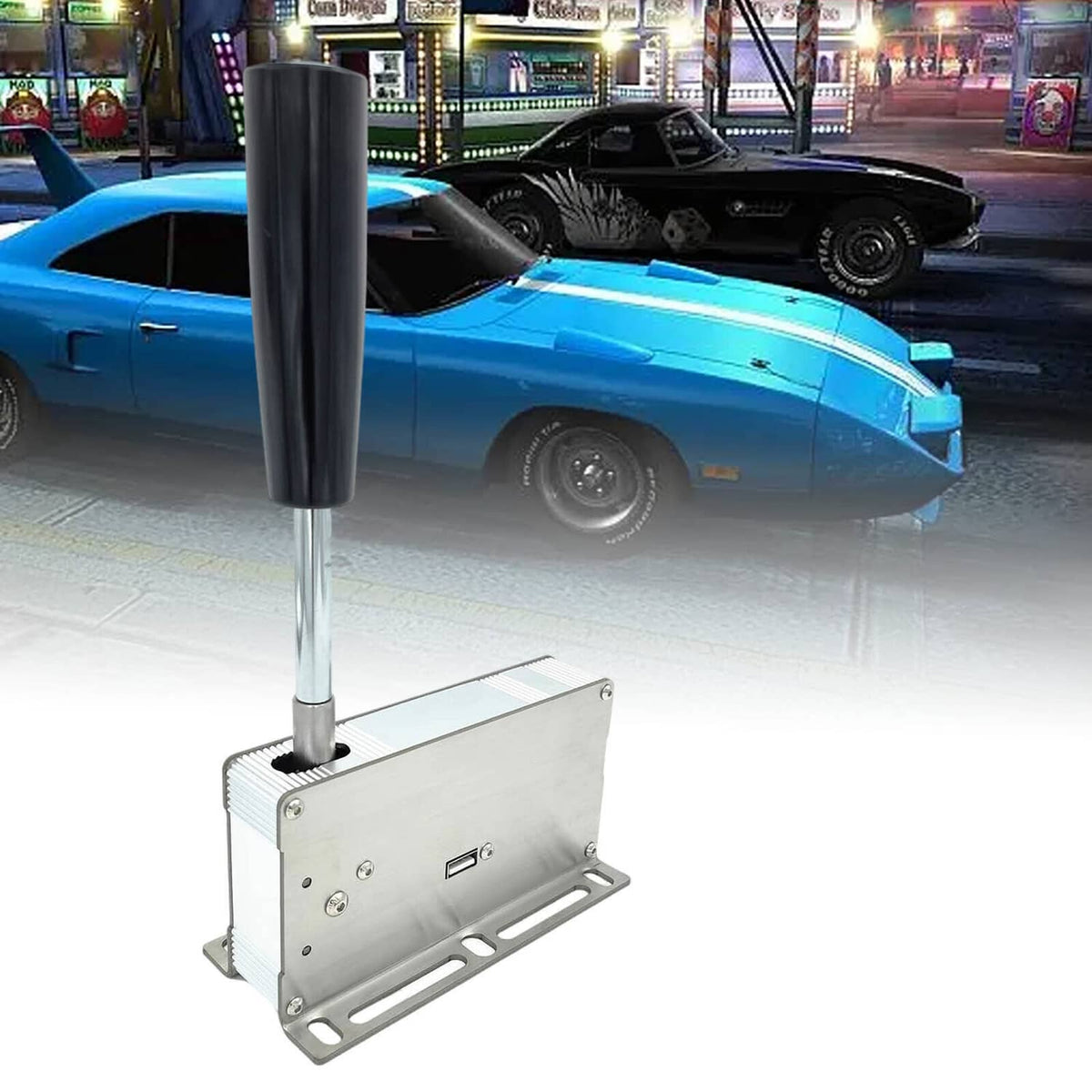 USB sequential shifter mounted on a pedal-style rig; black grip lever and metal base