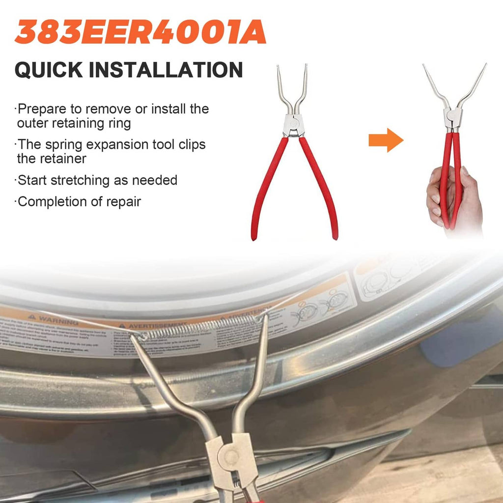 Washer tub spring expansion tool clipping to outer ring with red handle grips