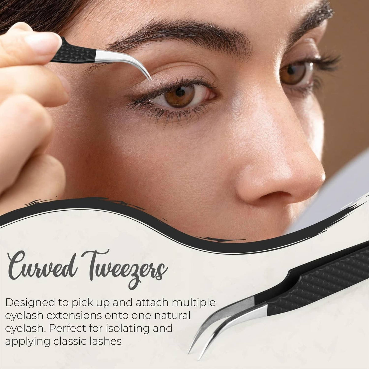 Curved black lash extension tweezers with pointed fiber tip for applying lashes