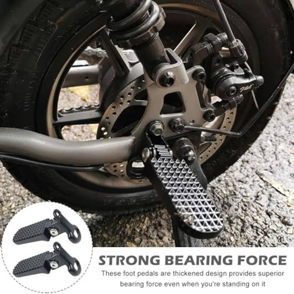 Mounted foot peg on disc-brake bike, textured diamond tread surface in dark finish