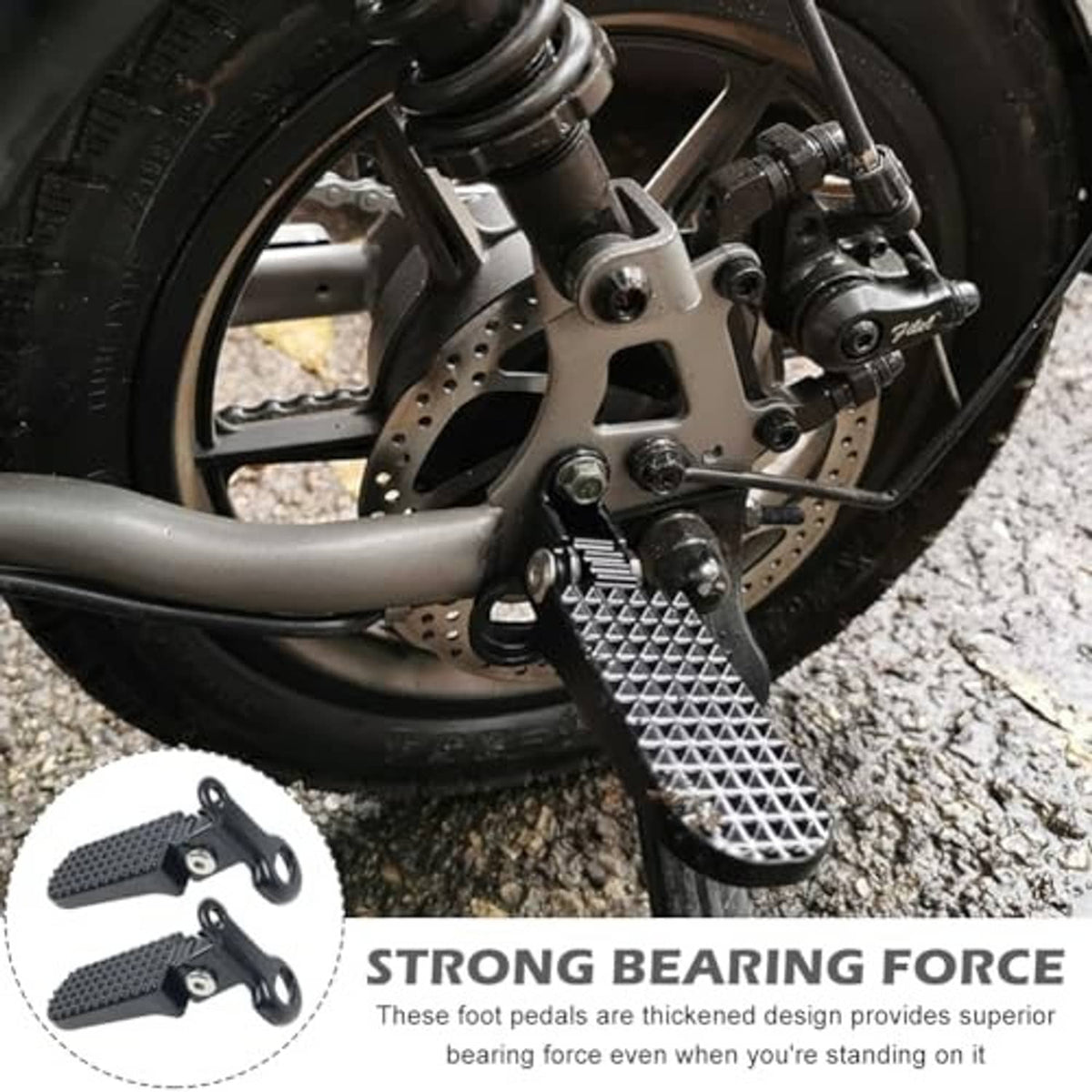Mounted foot peg on disc-brake bike, textured diamond tread surface in dark finish