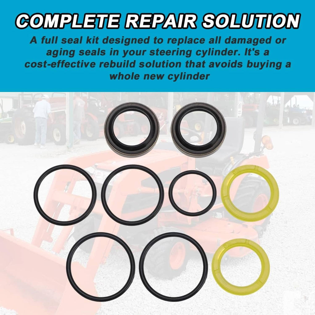 Hydraulic steering seal kit rings in black and yellow, shown laid out