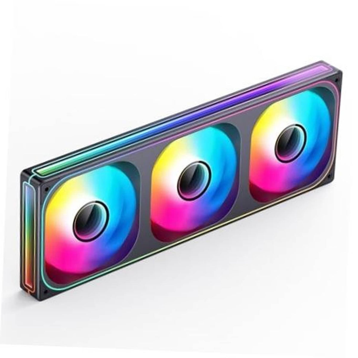 Triple RGB 360mm PC case fan showing three circular fan centers on black frame