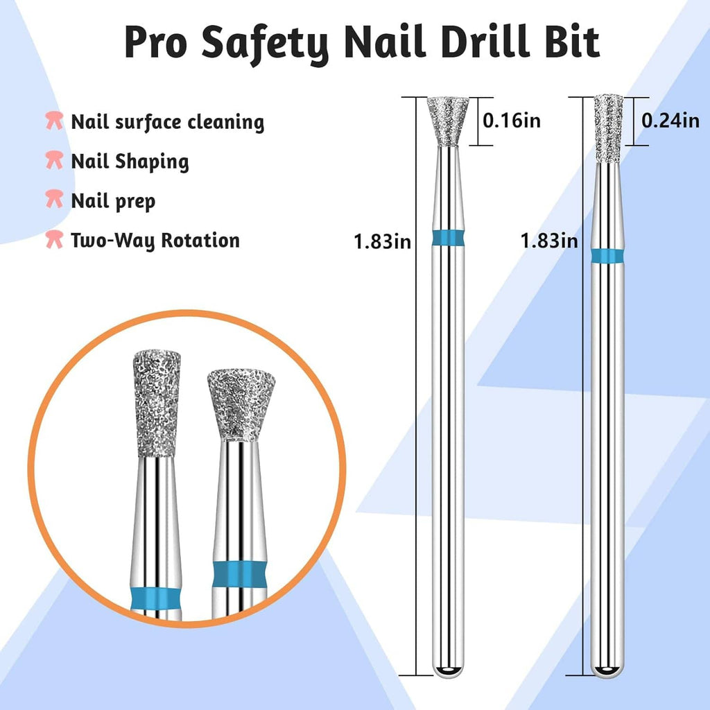 Two diamond nail drill bits with blue collars and textured cone/grinding heads