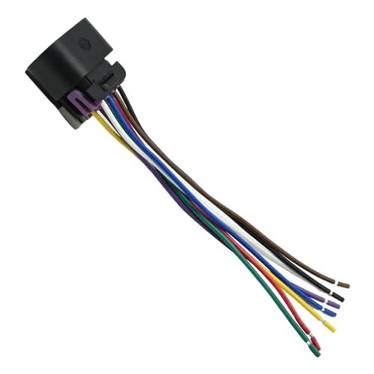 Throttle body connector pigtail harness with black plug, purple latch, and 8 wire leads