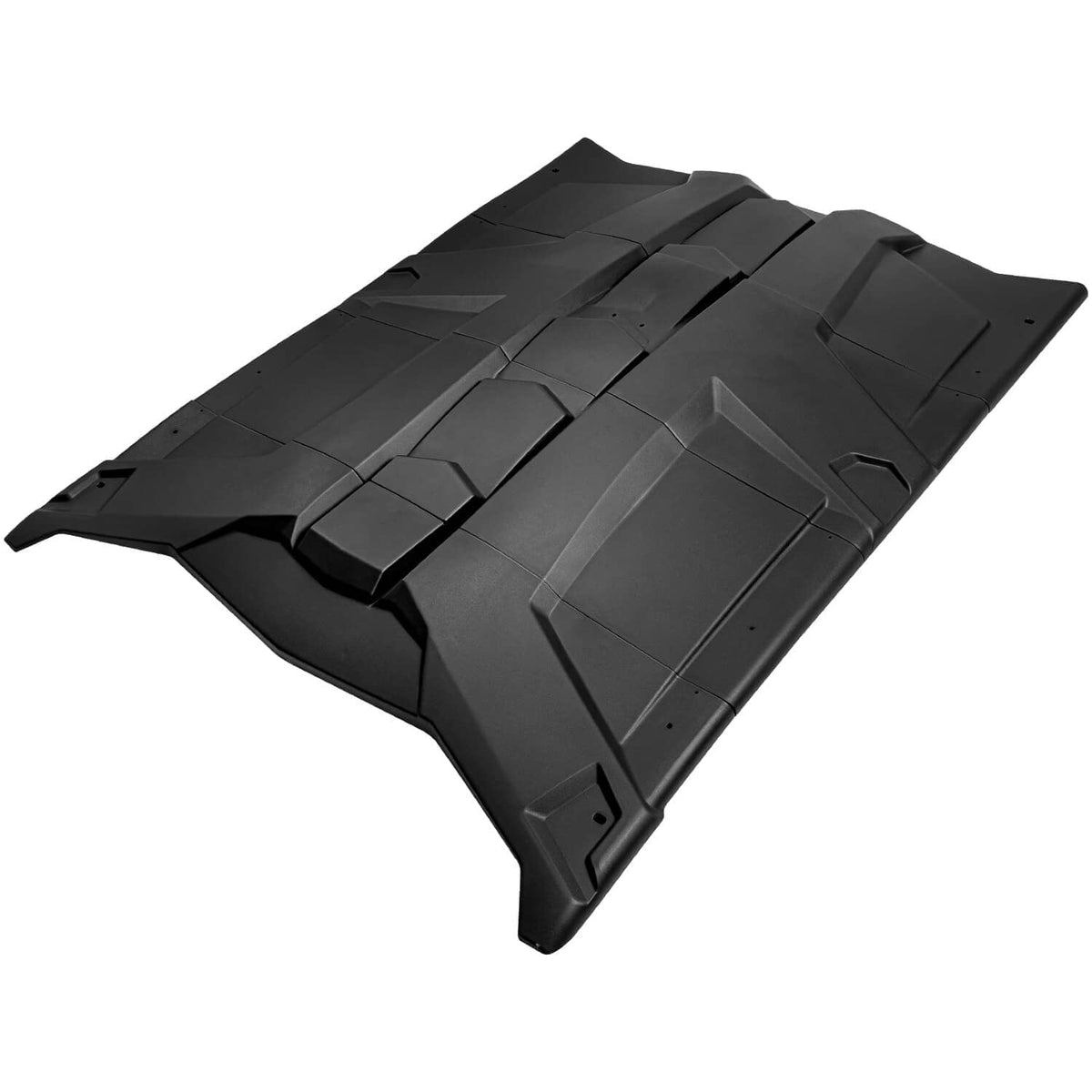 Black molded UTV hard roof panel, angled view with raised sections and tabs