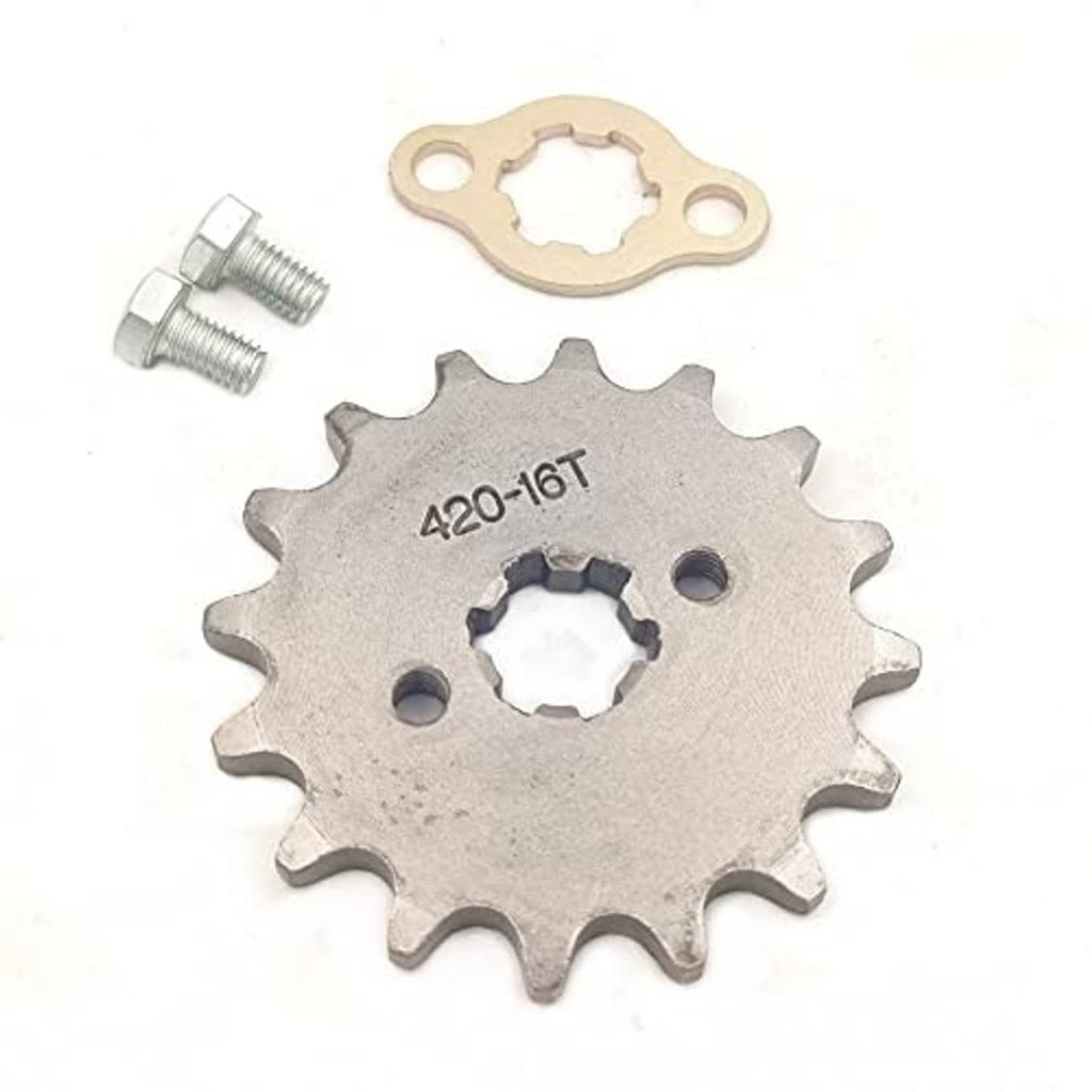 420-16T front engine sprocket with mounting plate and pair of screws, steel