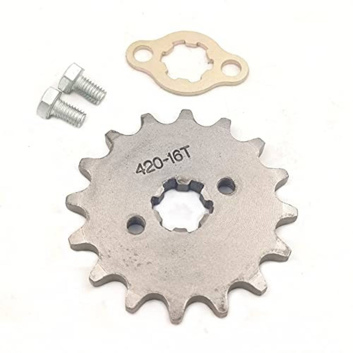 420-16T front engine sprocket with mounting plate and pair of screws, steel