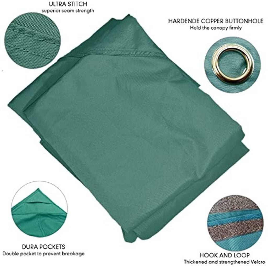 Dark green canopy fabric with reinforced stitching, copper buttonhole grommet, hook-loop