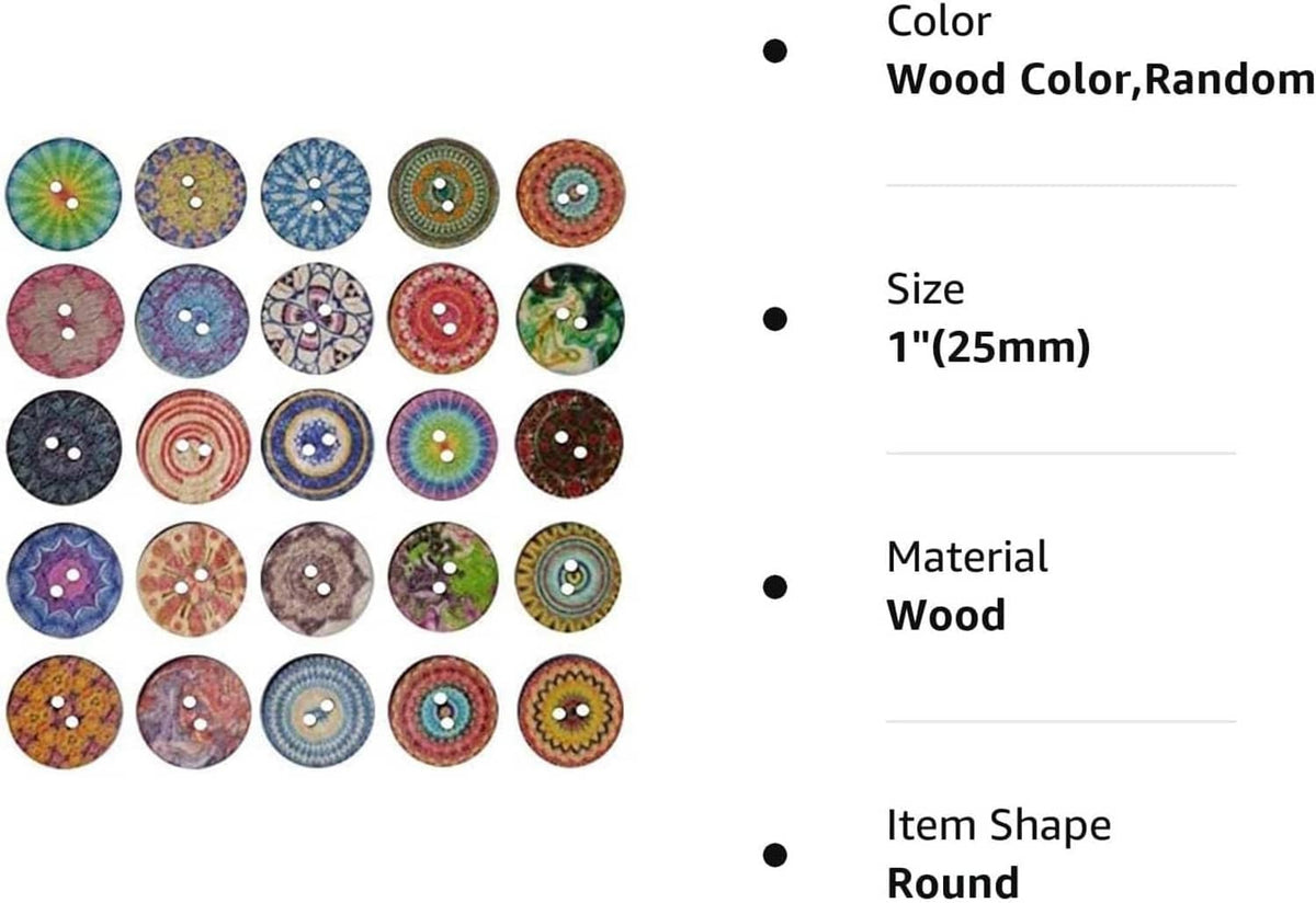 Round wood buttons array beside product info panel; colorful random patterns and holes.