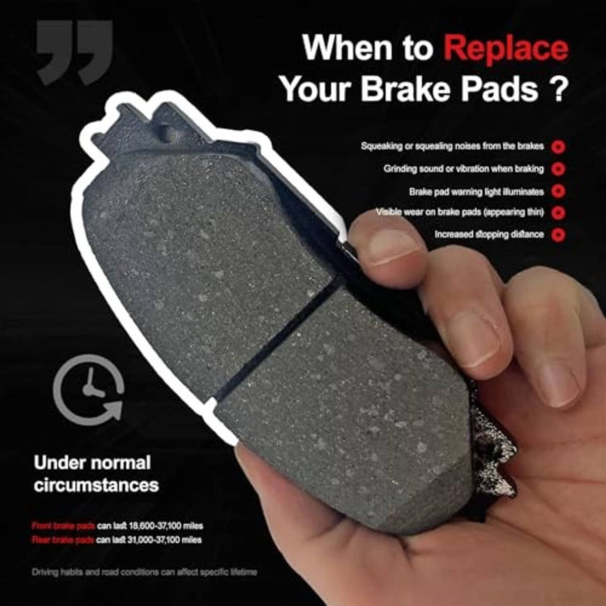 Brake pad set with gray friction pad held by hand, dark backing visible