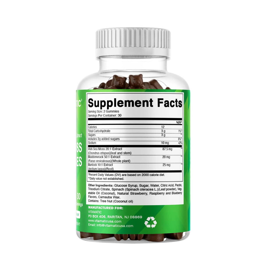 Sea moss gummies supplement bottle back panel showing Supplement Facts