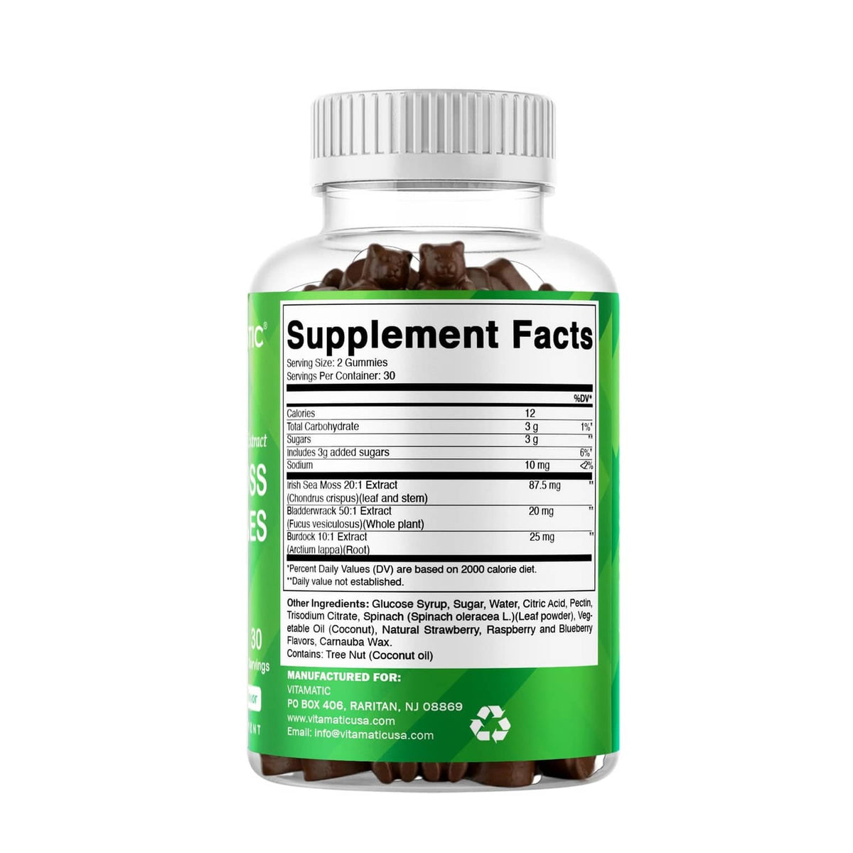 Sea moss gummies supplement bottle back panel showing Supplement Facts