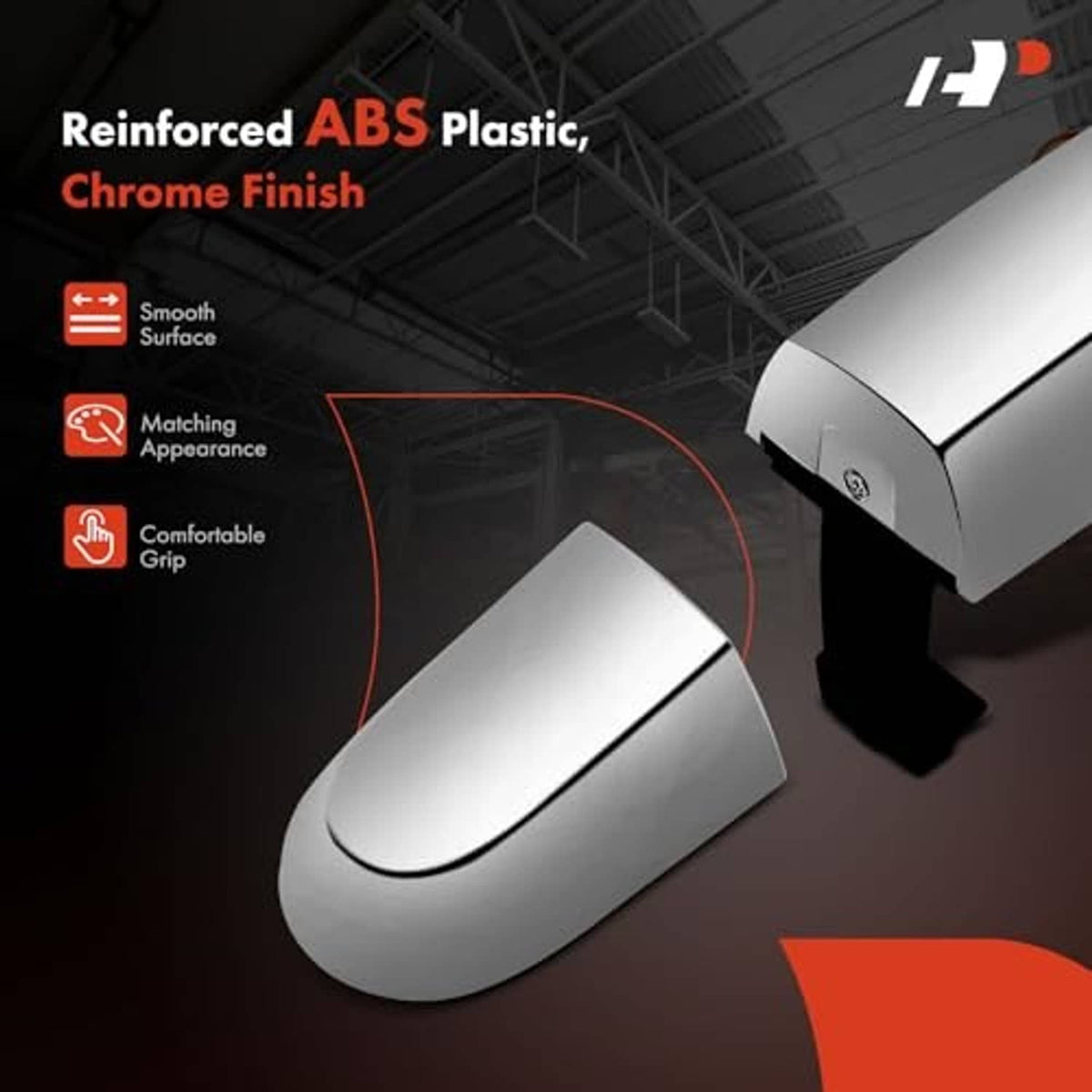 Close-up of silver chrome exterior door handle with smooth rounded profile and black base