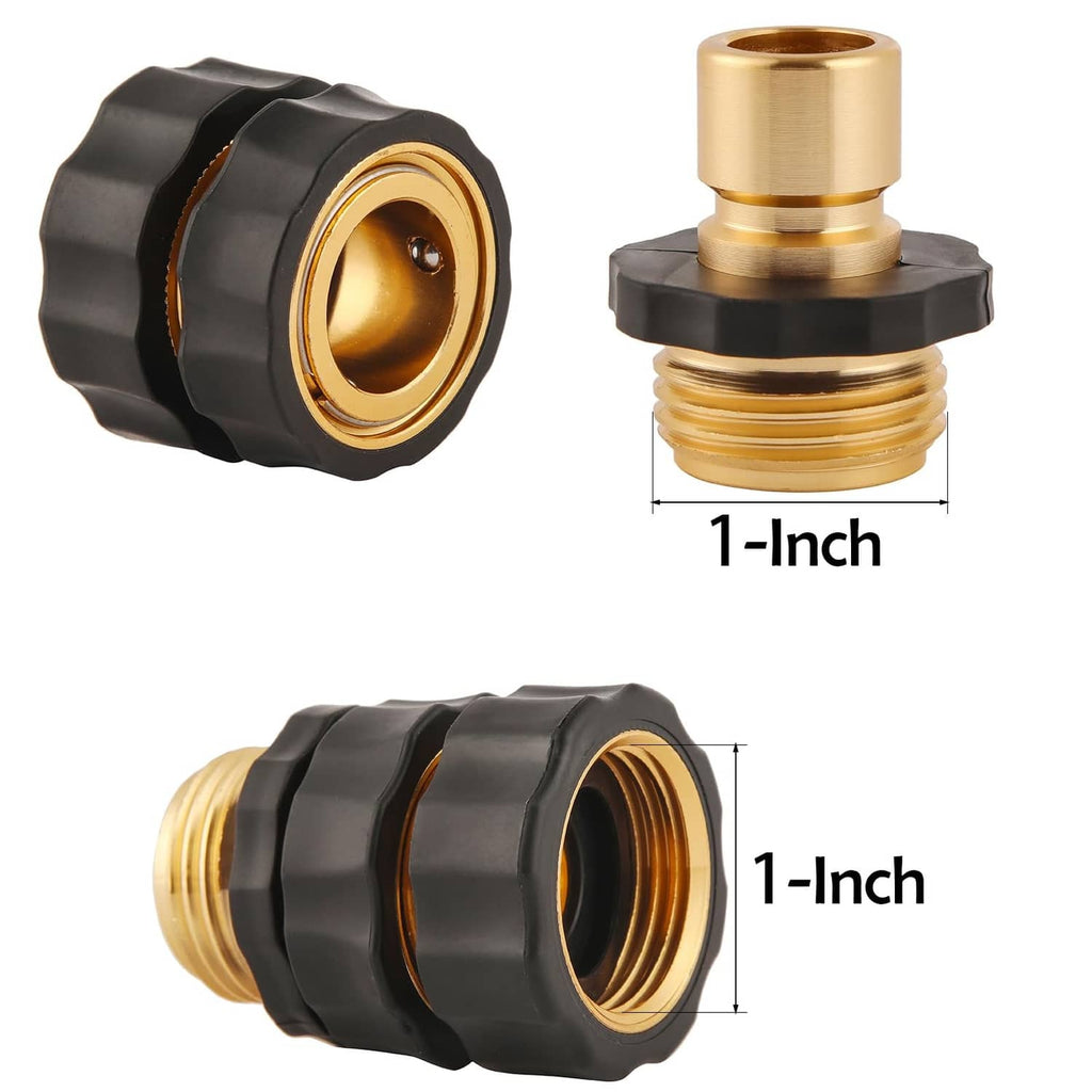 Hose quick-connect fitting with black rubber grip and brass 1-inch threaded end