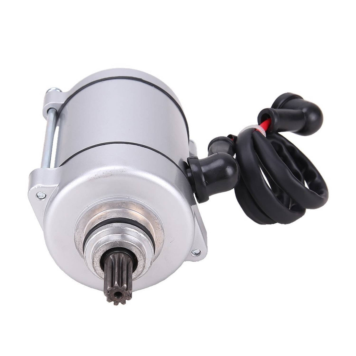 ATV starter motor end view with silver housing, mounting bracket, and output gear shaft