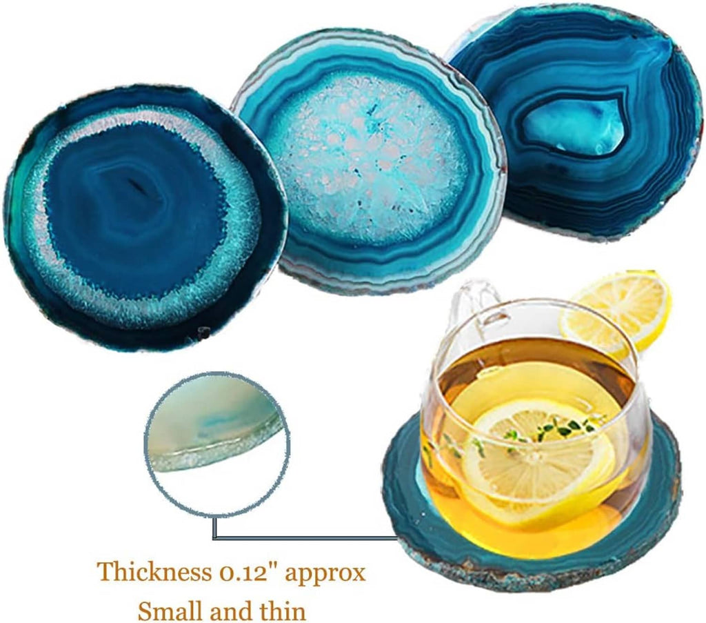 Teal geode crystal coasters set of 4, small round slices with layered blue-green bands