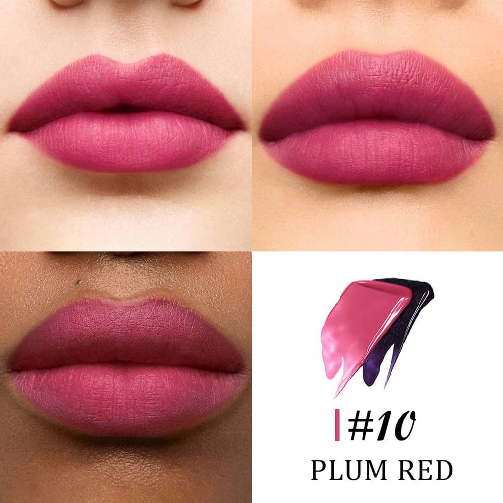Plum-red matte lips close-up showing two lip shades side by side