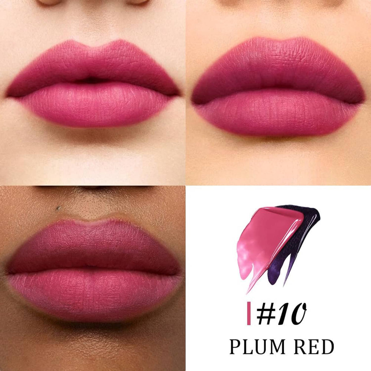Plum-red matte lips close-up showing two lip shades side by side