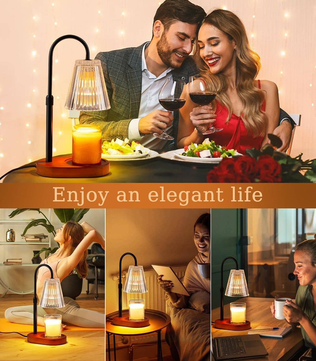Electric candle warmer lamp with clear glass shade and lit jar candle for cozy evenings.