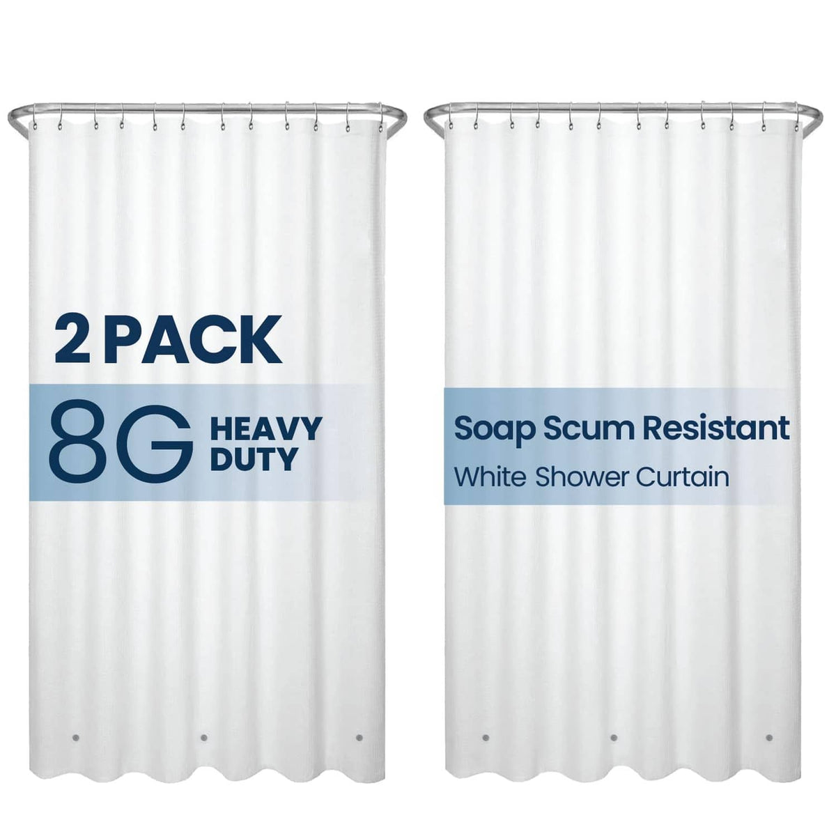 White PEVA shower curtain liner, 2-pack, with top grommet holes and hook rings