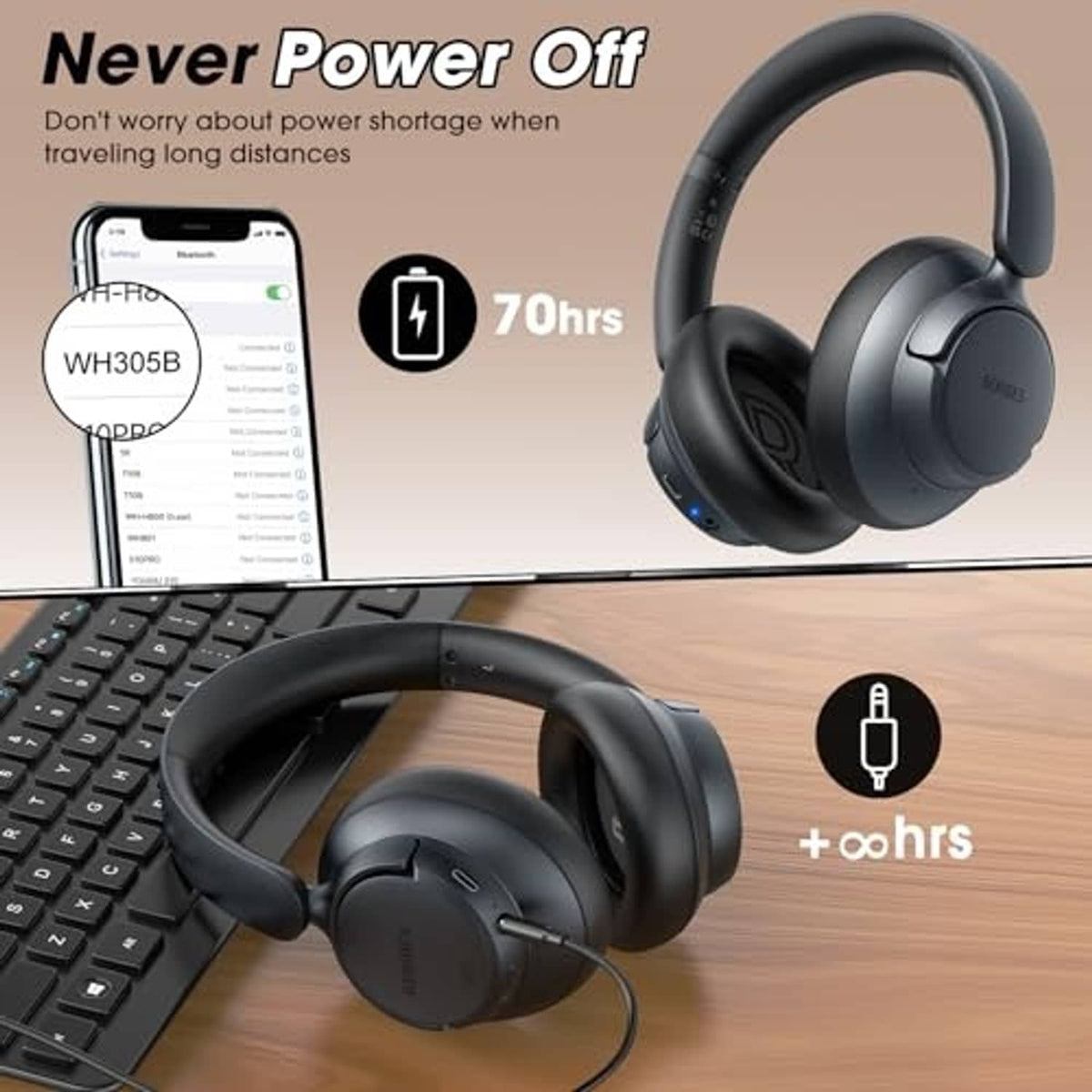 Hybrid active noise cancelling headphones in transparent black, wired setup on desk
